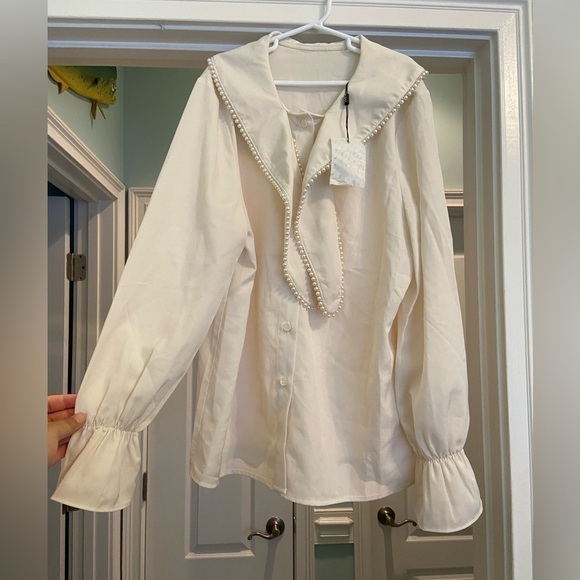 LEDiN Tops - Ledin Collared Tie Pearl Design Long Sleeve Blouse